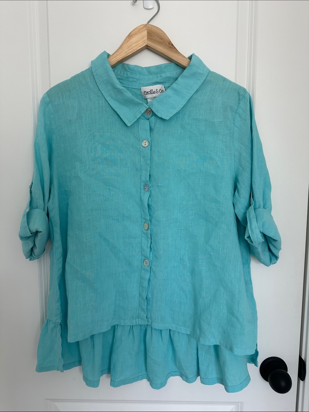 Camille & Co. Women's Button-Front Linen Blouse Aqua M